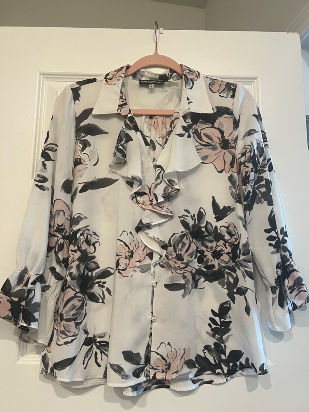 Karl Lagerfeld White Blouse with Black & Blush Floral Ruffles